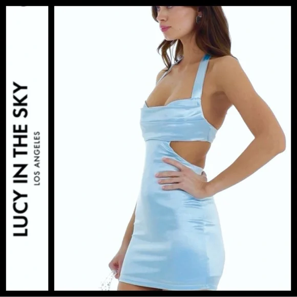 NWT Lucy in the Sky Blue Satin Cutout Bodycon Dress - Picture 5 of 10